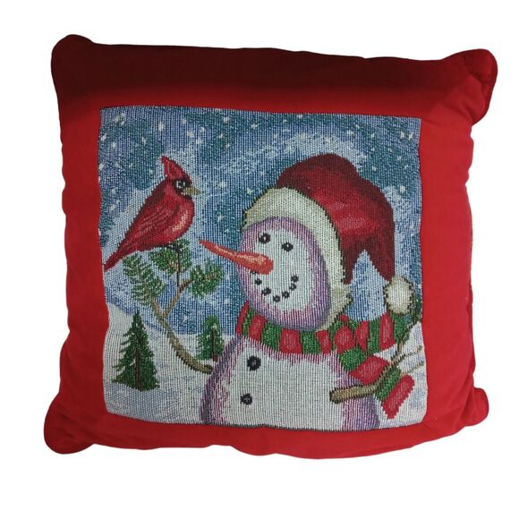 Christmas Throw Pillow Snowman Cardinal Tapestry Red Gingham Holiday Decor 15" - Picture 1 of 10